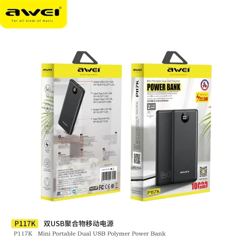 Внешний аккумулятор Awei P117K 10000 mAh  (USB*2/USB Type-C) фото 10