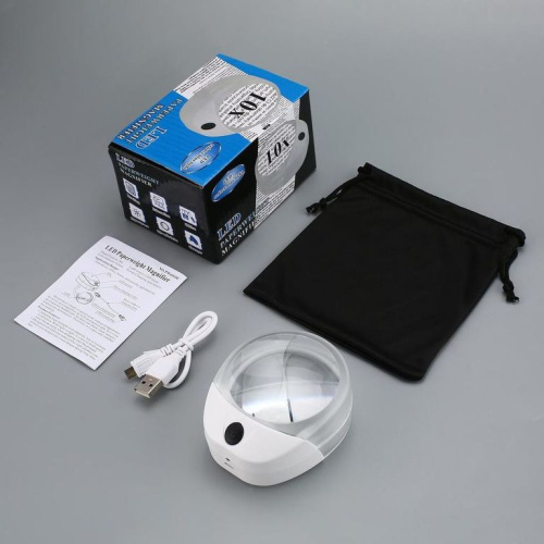 Лупа настольная контактная 10x-60мм с подсветкой 
(LED) белая, с аккумулятором, без ручки, PW6010C фото 4