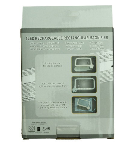Лупа прямоугольная с подсветкой 102x50mm 4x на аккумуляторе RJS 10250-5LC фото 3