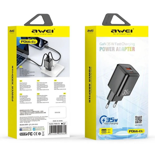 Супер быстрая зарядка 35W USB+ Type-C Awei PD66-EU фото 2