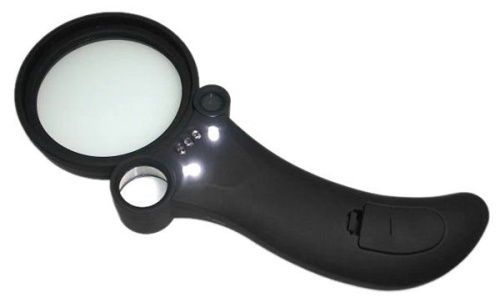 Лупа ручная круглая 2.5/25/55x-65мм для чтения 
с подсветкой + ультрафиолет (5 LED, черная) TH-600600 фото 3