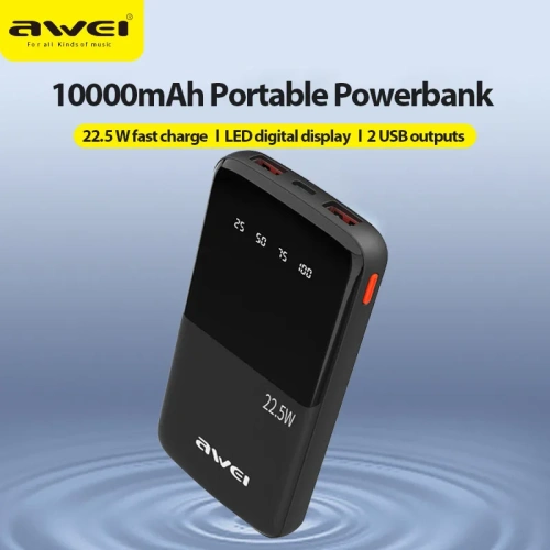 Внешний аккумулятор Awei P10K, 10000 mAh 2 USB и 1 выходом Type C быстрая зарядка 22,5W фото 2