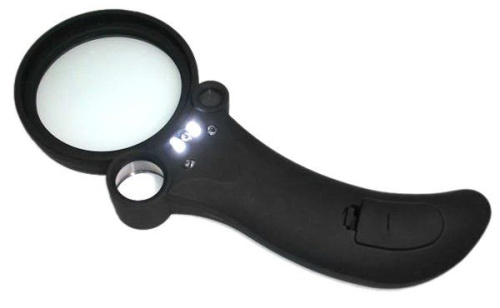 Лупа ручная круглая 2.5/25/55x-65мм для чтения 
с подсветкой + ультрафиолет (5 LED, черная) TH-600600 фото 2