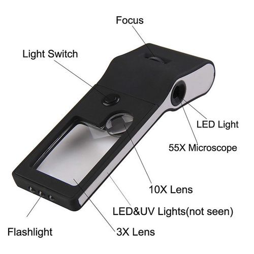 Лупа карманная 3/10/55x для чтения с микроскопом и подсветкой (6 LED, черная) TH-515 фото 9